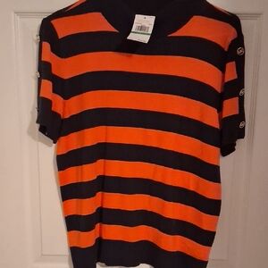 Michael Kors Orange & NAVY Short Sleeve Top W Mk Buttons On Sleeves
